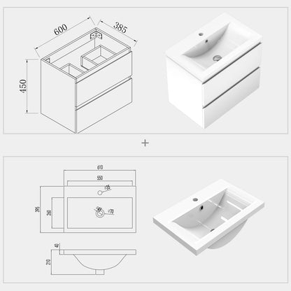 600mm Designer Bathroom Wall Hung Vanity Units with Sink,2 Drawers,White and Grey