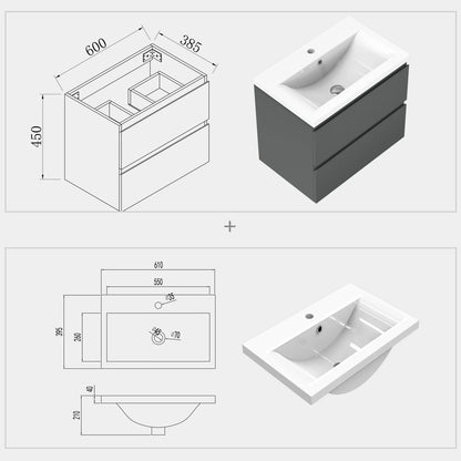 600mm Designer Bathroom Wall Hung Vanity Units with Sink,2 Drawers,White and Grey