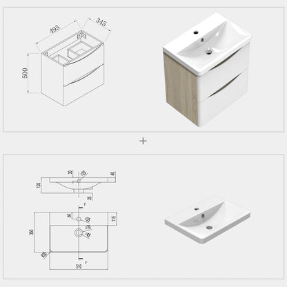 500/600/800mm Modern Wall Hung Oak Vanity Unit with Basin and 2 White Drawers