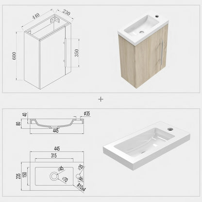 440×600 Bathroom Vanity Unit with Basin Oak Single Door Storage