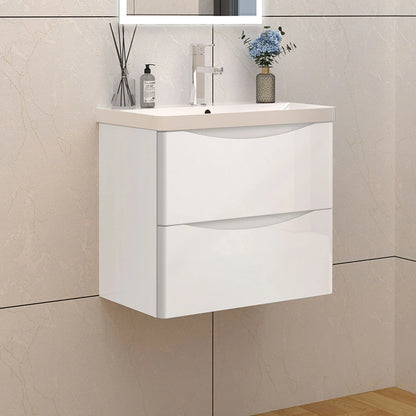 500/600/800mm Bathroom Vanity Units with Basin Gloss White Cloakroom Sink Unit Wall Hung Two Drawers