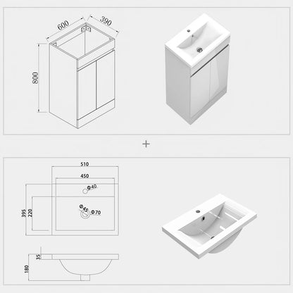 500 600mm Bathroom Vanity Unit with Resinous Basin|Gloss White|Floor standing