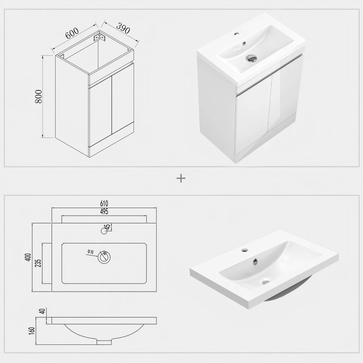 500 600mm Bathroom Vanity Unit with Resinous Basin|Gloss White|Floor standing