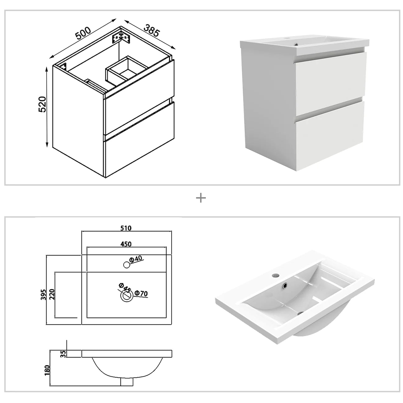 500 600mm Wall Hung Bathroom Vanity Units with Sink,2 Drawers,White