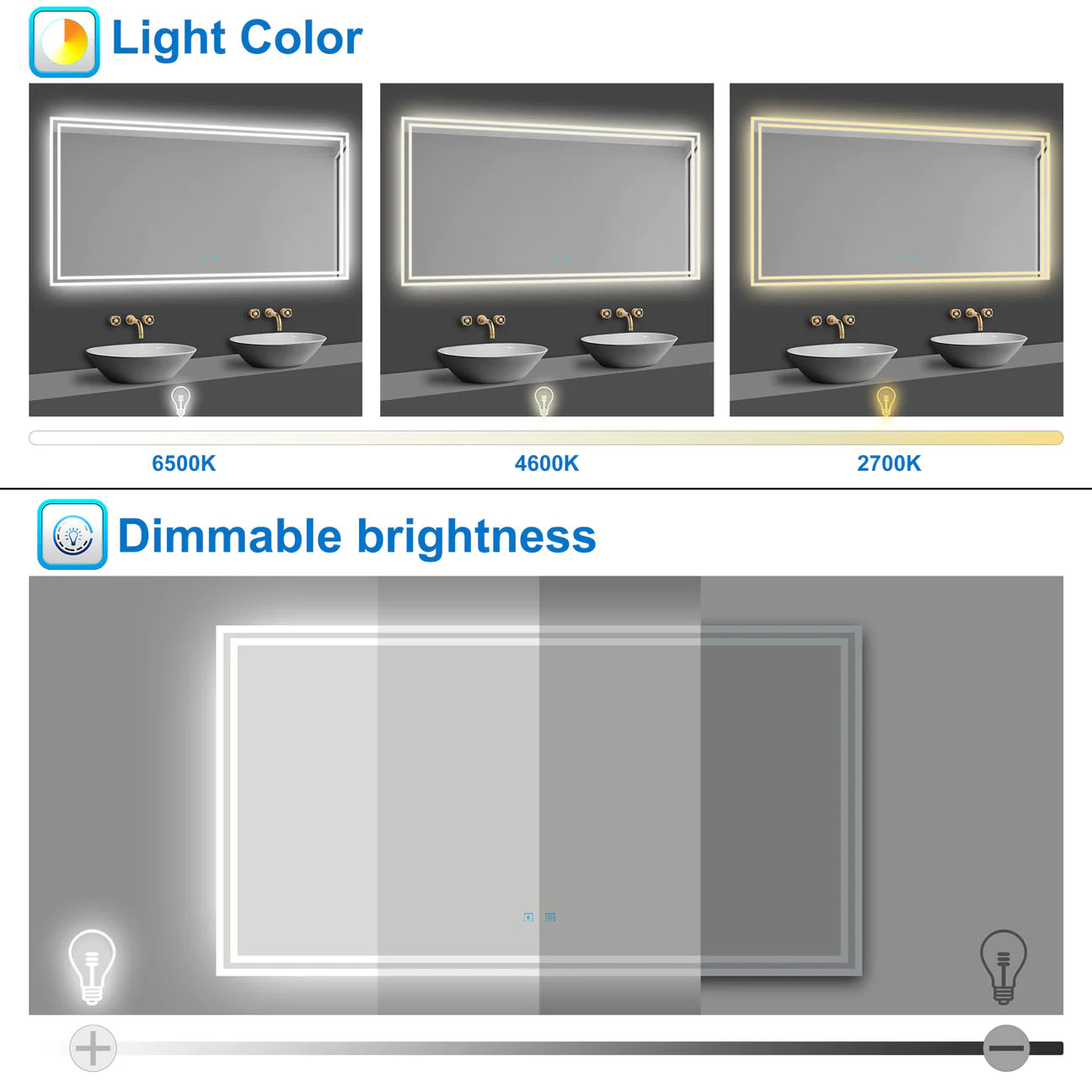 LED Bathroom Mirror with Demister Pad and Bluetooth|Dimming Function|Touch Switch|IP44|