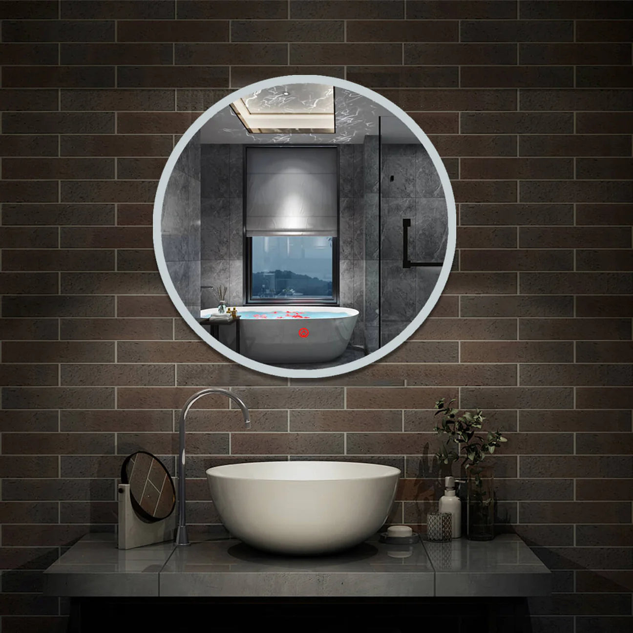 Round bathroom mirror with light and demister outlet