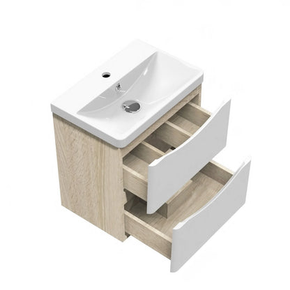 500/600/800mm Modern Wall Hung Oak Vanity Unit with Basin and 2 White Drawers